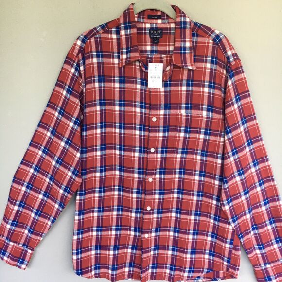 J Crew Slim Flannel Shirt Men L Red Plaid Button Up 100% Cotton Preppy Casual - Picture 1 of 14